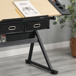 Adjustable drafting table with 2 drawers and stool (wood) for home office and school