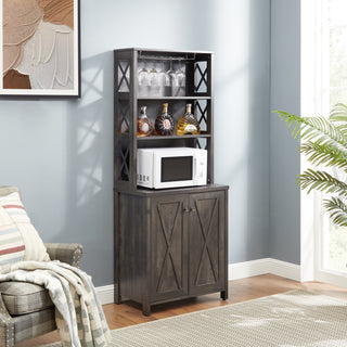 Coffee Bar Cabinet with Microwave Stand & Metal Frame – Side Home Source Bar Cabinet with Hollow-Out Barn Design – Charcoal Gray – 26.77" x 15.75" x 67.32"