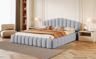 Velvet Upholstered Queen Bed Floor Bed Frame Shell-Shaped Headboard for Bedroom,No Box Spring Needed,Light Blue