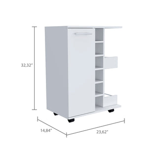 32" H white bar-coffee cart, cabinet storage, with 4 wheels, 1 divided storage with 1 shelf, 1 folding door, a central vertical division for 6 bottles and 2 side shelves with aluminum front