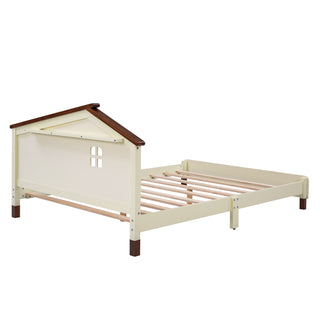 Full Size Wood Platform Bed with House-shaped Headboard  (Cream+Walnut)