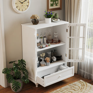 Minimalist White Buffet Cabinet with Double Glass Doors and Drawer, Modern Wooden Storage Sideboard Cupboard for Living Room, Dining Room, Hallway, Entryway