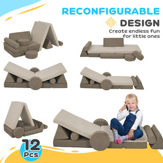 Qaba Modular Kids Play Couch, 12 Piece Kids Couch for Playroom Bedroom, Convertible Sofa Lounger for Boys & Girls, Khaki