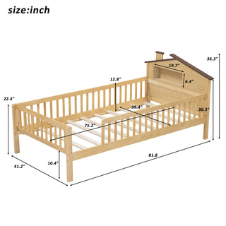 Twin Size Wood Platform Bed with House-shaped Headboard, LED and Built-in Storage, Natural