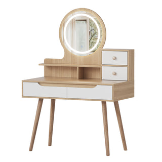 Makeup Vanity Desk with 3 Adjustable Lighted Mirror, Solid Wood Table Feet, Dressing Table Set with 4 Drawers & 3 Open Shelves for Small Space Bedroom