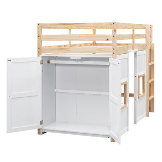 Wood Twin Size Loft Bed with Built-in Storage Wardrobe and 2 Windows, Natural/White