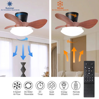 24'' walnut Small Ceiling Fan with Lights and Remote  LED 18W Modern  Flush Mount Ceiling Fan Adjustable Color,DC Quiet Motor Low Profile Ceiling Fan for Bedroom Kitchen Dining Patio,FCC