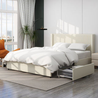 Anna Patented 2-Drawer Storage Bed Queen Size Ivory Velvet Upholstered Wingback Platform Bed, Modern Design Headboard with Tight Channel, Wooden Slat Mattress Support No Box Spring Needed