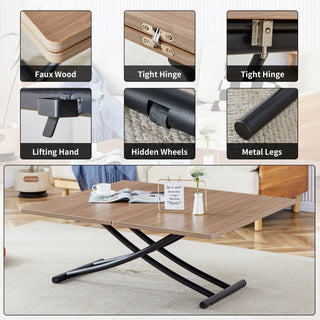 Modern Minimalist Multifunctional Lifting Table, 0.8-Inch Wood Grain Desktop, Black Metal Legs - Versatile Coffee Table, Dining Table, Office Desk, Dressing Table