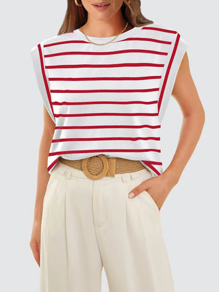 Striped Round Neck Cap Sleeve T-Shirt for Women