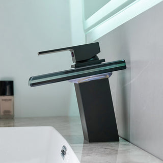 Led Bathroom Sink Faucet with 3 Color Changing Waterfall Glass Spout, Hot/Cold Mixer, Single Handle, Black Deck Mounted