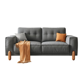 Modern Fabric Upholstered Sofa - Tufted Couch with Square Arms, 4 Solid Wood Legs & 2 Decorative Pillows for Living Room, Office, Apartment