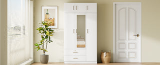 3-Door Mirror Wardrobe with 2 Drawers and Top Cabinet, White