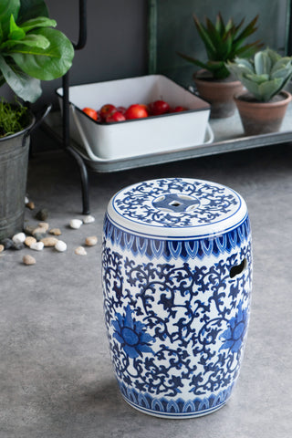 Ceramic Garden Stool, Blue and White Small Side Tabel, D11" x 16"