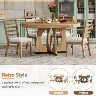 TREXM 5-Piece Retro Rustic Functional Dining Set – 1 Extendable Table with 16-Inch Leaf and 4 Upholstered Chairs, Unique Geometric Design, Ideal for Dining Room and Kitchen (Natural)