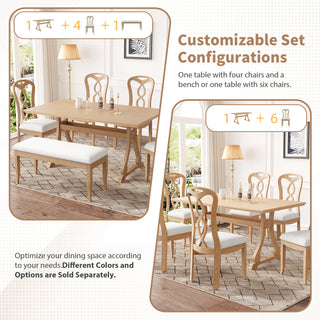 TOPMAX Retro 6-Piece Trestle Dining Table Set – Upholstered Dining Chairs & Dining Bench, Smooth Backs for Dining Room, Living Room, Kitchen, Natural Finish