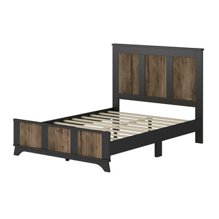 4-Pieces Bedroom Sets, Full Size Farmhouse Platform Bed with Wooden Strip Stickers Decoration, Storage Nightstand and Dresser with Metal Handle, Black