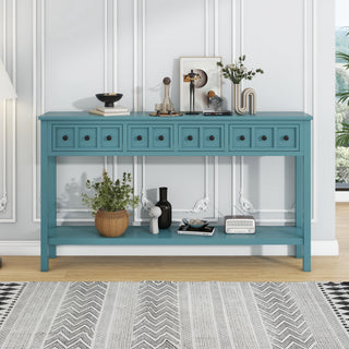 TREXM Rustic Entryway Console Table, 60" Long Sofa Table with two Different Size Drawers and Bottom Shelf for Storage (Turquoise Green)