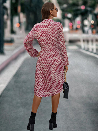 Printed Notched Tie Front Long Sleeve Dress