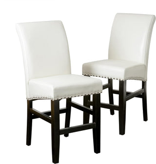 Contemporary Ivory Leather Counter Stools with Nail-Head Trim, 25-Inch Upholstered Dining Chairs (Set of 2) for Kitchen, Bedroom, Dining Room