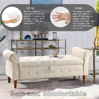 62" Bedroom Tufted Button Storage Bench, Modern Fabric Upholstered Ottoman, Window Bench, Rolled Arm Design for Bedroom, Living Room, Foyer (Beige)