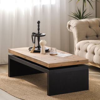 Black and Natural Wood Living Room Coffee Table, 2-Tiered Wood Tabletop, 47.6" L x 23.6" W x 16.3" H