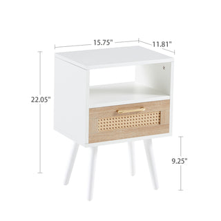 15.75" Rattan End table with  drawer and solid wood legs, Modern nightstand, side table for living room, bedroom, white