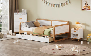 Twin Size Solid Wood Daybed with 2 Storage Drawers for Limited Space Kids, Teens, Adults, No Need Box Spring, Walnut and White