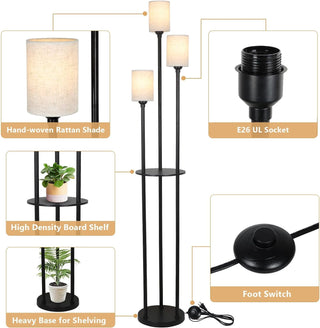 Floor Lamp with Shelves, Modern Floor Lamps for Living Room, 3-Lights Standing Lamp with Linen Shade and Foot Switch, Industrial Standing Lamps for Bedroom, Black Tall Table Lamp for Office