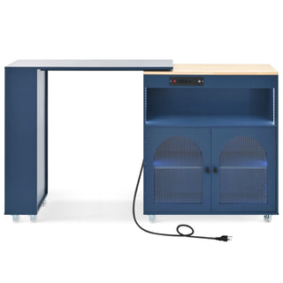 K&K Rolling Kitchen Island With Extended Table, Kitchen Island on Wheels with LED Lights,Power Outlets and 2 Fluted Glass Doors, Kitchen Island with a Storage Compartment and Side 3 Open Shelves, Navy