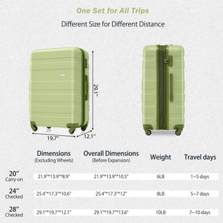 Luggage Set 3-Piece Expandable ABS Hardshell Suitcase, Lightweight and Durable with TSA Lock, Spinner Wheels, 20", 24", 28" ,Light Green