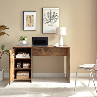 Home Office Desk Distressed Wood One Cabinet Three Shelves Faux Barn Door on Metal Euro Hinges Modesty Panel