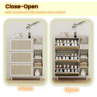 Natural Bohemia Style Shoe Cabinet, Shoe Rack Cabinet with 3 Rattan Flip Drawers, 3 Square Shelves, 1 Storage Drawer, Multi-Storage Space and Hooks for Hallway, Entryway, White