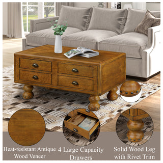 Rectangle 3-Piece Solid Wood Coffee Table Set, 1 Coffee Table & 2 End Tables with Rivet Decoration Legs, Antique Brown, Easy Assembly