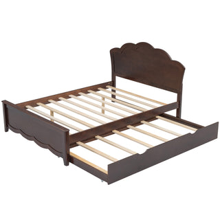 Full Size Wood Platform Bed with Headboard and Twin Size Trundle, Cappuccino