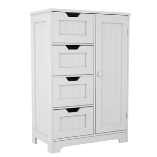 White freestanding storage cabinet with adjustable shelves, 4 drawers, and 1 door