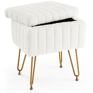 White Faux Fur Vanity Stool Chair with Storage with 4 Metal Legs, Anti-Slip Adjustable Feet Modern