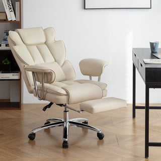 Big and Tall Executive Office Chair with Footrest – Leather Ergonomic Reclining High Back Computer Chair, Large Home Office Chair (Beige)