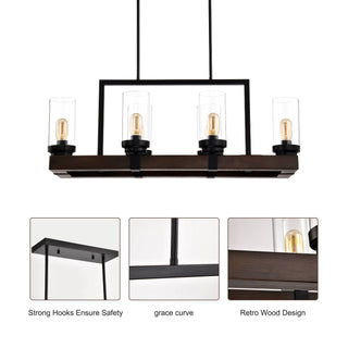 Matte Black / Wood Grain Metal Chandelier Fixture, 6-Light Ceiling Pendant Light for Living Room, Bedroom, Dining Room, Adjustable Height, E26*6 (Bulbs Not Included), W36.6" x W13.5" x H42.9"