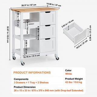 Rolling Small Kitchen Island Cart with Solid Wood Top, Mobile Utility Cart on Wheels with 3 Drawers and Storage Shelves, White Dining Room Serving Cabinet