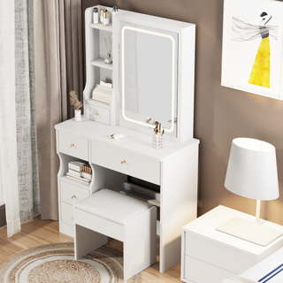 Small Space Left Drawer Desktop Vanity Table + Cushioned Stool, Extra Large Touch Control Sliding LED Mirror, Tri-color Switching, Brightness Adjustable, Suitable for Girls No More Than 5.6ft Tall