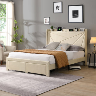 Full Size Bed Frame with 2 Storage Drawers, Upholstered Bed Frame with Wingback Headboard Storage Shelf Built-in USB Charging Stations and Strong Wood Slats Support, No Box Spring Needed, Beige