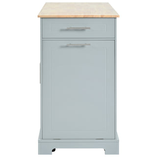 : K&K Fluted Kitchen Island with Trash Can Storage Cabinet, Power Outlet, Internal Storage Rack, Rolling on 5 Wheels, 3 Drawers, 3 Open Side Racks for 10 Gallon Garbage Bin, Grey Blue