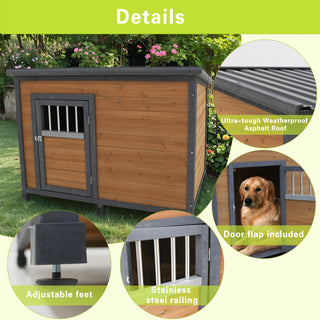 45"large solid wood dog house, waterproof PVC plastic roof, breathable wooden doors