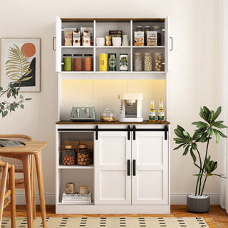 Farmhouse Bar Cabinet with Sliding Barn Door, Large Kitchen BuffetRustic Coffee Bar Sideboard Table,White