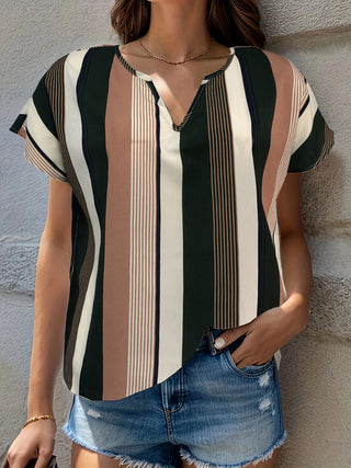 Striped Notched Short Sleeve Blouse for Women