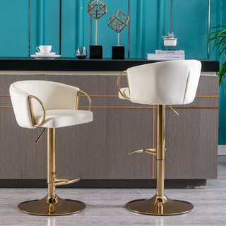 Set of 2 luxurious Ivory Velvet Bar Stools with Gold Legs, Chrome Footrest, Swivel & Adjustable Height