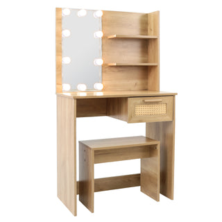 Vanity Desk Set Stool & Dressing Table with LED Lighting Mirror Drawer and Compartments Modern Wood Cosmetic Table Chest of Drawers Nature Color