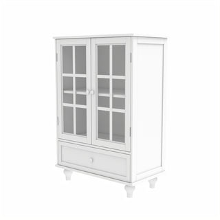 Minimalist White Buffet Cabinet with Double Glass Doors and Drawer, Modern Wooden Storage Sideboard Cupboard for Living Room, Dining Room, Hallway, Entryway