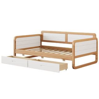 Twin Size Solid Wood Daybed with 2 Storage Drawers for Limited Space Kids, Teens, Adults, No Need Box Spring, Walnut and White